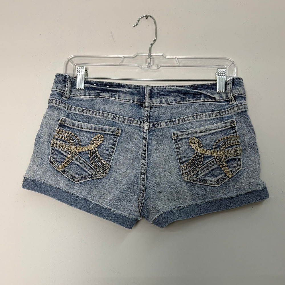 VTG Y2K Mudd Low Rise Micro Mini Denim Shorts Blue Acid Wash Embroidered Size 9 - Picture 6 of 8